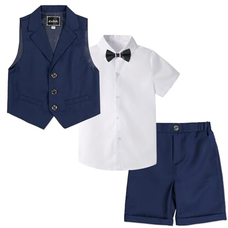 LOLANTA 4 Piezas Traje Corto de Boda para niños, Conjunto de Ropa de Ceremonia, Camisa + pantalón + Chaleco + Pajarita, Azul Oscuro, 2-3 años, 100