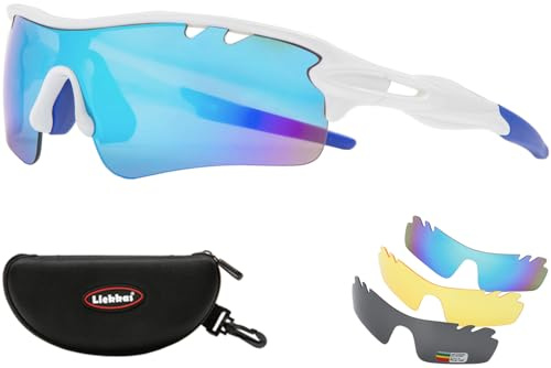 Liekkas Lunettes de soleil de sport polarisées pour homme et femme avec 3 verres interchangeables pour course à pied, cricket, VTT, cyclisme, One Size