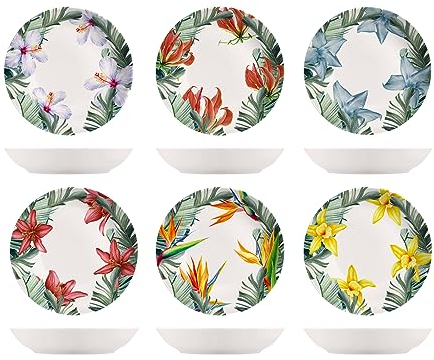 H&H Exotic - Set 6 Piatti Fondi in New Bone China, Decori Assortiti in Rilievo, 21cm