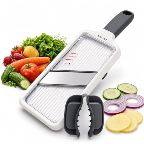 ZKIRON Handheld Mandoline Slicer for Kitchen - Adjustable 3-Thickness (1mm-3mm) Slicer Vegetable Cutter with Safety Hand Guard Potato Onion Tomato & Cucumber Slicer for Salad, Easy to Clean (Gray)