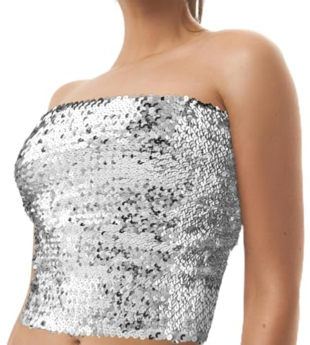 Lusofie Pailletten Rock Glitzer Bandeau Top mit Metallic Stretch Bauchtanz Hüfttuch Silber Bandeau Shorts Trägerloses Damen Pailletten Top Party Club Outfits Bauchtanz Kostüm Damen