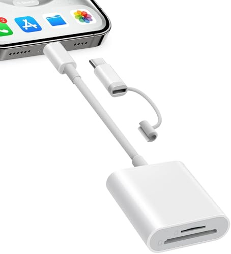 SD Card Reader for iPhone iPad, Dual Connector (Lightening&USB-C) Micro SD Memory Card Reader, 2 in 1 SD and TF Card Adapter Portable Trail Camera Viewer, No Driver Needed, Plug and Play