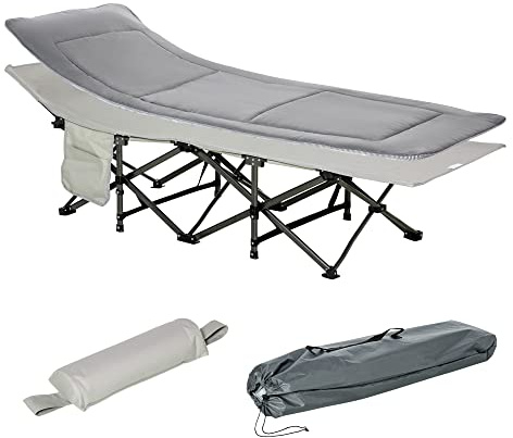 Outsunny Lit de Camp Pliable avec Matelas, Appui-tête, Pochette latérale et Sac intégré, transat Chaise Longue en métal et Tissu Oxford, 188 x 64,5 x 53 cm, Charge 150 kg, Gris Clair