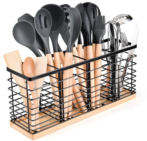 Gflyyue Großer Utensilienhalter für Küchentheke, großer schwarzer Edelstahl-Utensilientopf mit Holzboden, rutschfeste Matte, 4 Fächer, Küchenutensilienhalter, Organizer (vier)