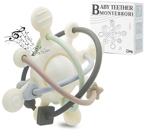 Montessori Beißring mit Rassel - Zahnungshilfe Baby - Babyspielzeug 0-6 Monate - Sensorik Silikon-Beißring - Beißspielzeug Baby - Motorik-Spielzeug - Geschenkideen für Säugling