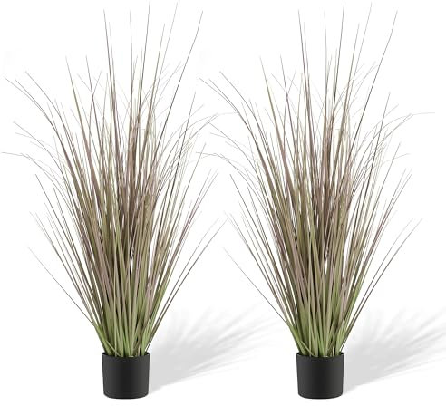 KOL 4FT 2-Pack Artificial Onion Grasses, 47.2’’ Indoor Outdoor Fake Grass Plant, Home Office Wedding Decoration, Faux Greenery Plants & Flowers in Pot, UV Resistant, Housewarming Gift, Purple