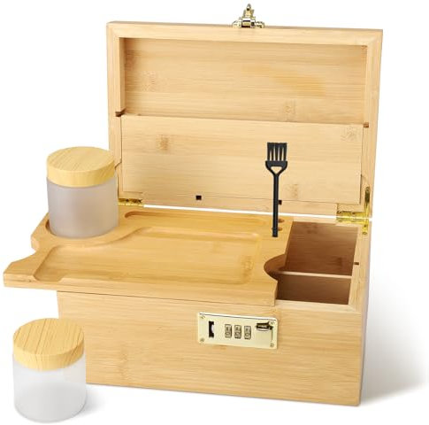 QCXWCJWD Bamboo Box with Combination Lock, Wooden Storage Boxwith Removable Tray, Glass Storage Jars and Brush, Wooden Box Gift Set for Man, Woman