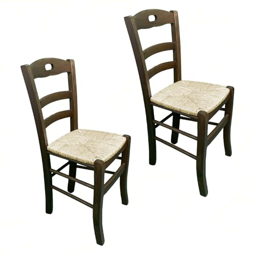 Sicignano Set 2 Sedie Lory in Legno Massello Noce con Seduta in Paglia, 46x39x87h cm, Artigianale, Adatto a Cucina Ristorante Pizzeria, Made in Italy