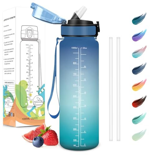 Motswedi Gourde Sport, 1000ml Anti-Fuite, Gourde avec Paille, sans BPA, Gourde Paille, Réutilisable, Gourde, Facile à Transporter, Bouteille d'eau pour Yoga, Camping, Cyclisme, Fitness, Bleu Vert