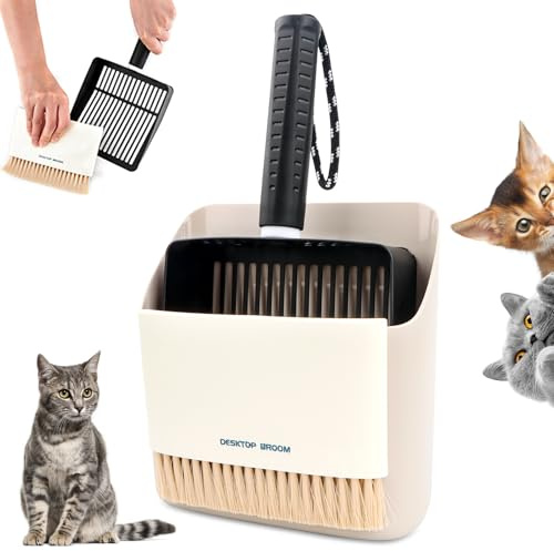 Feirdhoo Katzenklo Schaufel,Katzenschaufel Edelstahl mit Behälter Katzenklo Schaufel Schnell,Katzenklo Schaufel Metall Inklusive tragbarem kleinen Besen und Kehrschaufel-Set für Alle Katzenstreu