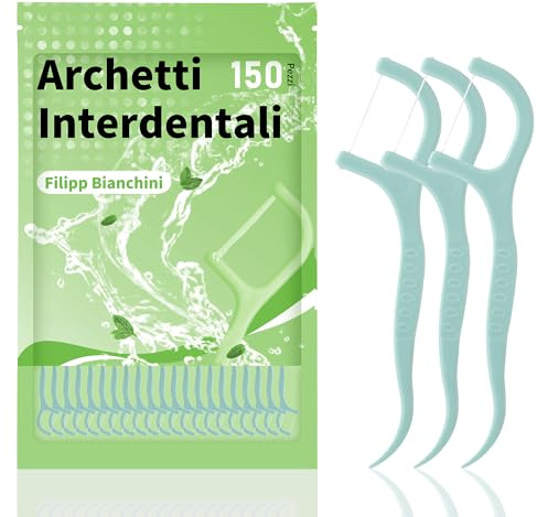 150 Pezzi Filo Interdentale by Filippo Bianchini,gusto menta, forcella interdentale, Bastoncini Portatili Cura Dentistica per Tutta Famiglia