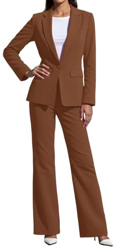 Suit for Women, Ladies 2 Piece Formal Jacket and Wide-Leg Trouser Suit, Single Button Notched Lapel, for Wedding Business Formal Work Wear M Coffee