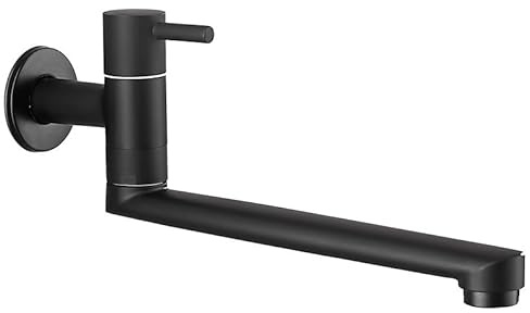 Hefo Rubinetto da cucina, montaggio a parete, solo acqua fredda, rubinetto da parete con beccuccio girevole a 360, lunghezza 35 cm, in acciaio inox nero