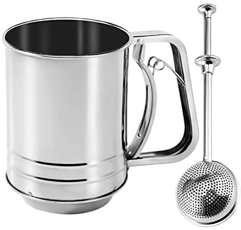 Setaccio Per Farina, Regerly 400 Grammi Setaccio Farina in Acciaio Inox con Tazza 1pcs Spargitori Setaccio Setaccio Farina per Farina con Una Sola Mano per Pasticceria e Cottura Spargi Zucchero a Velo