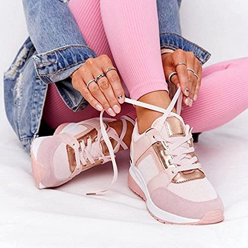 Yagerty COSANTER Chaussures de Marche pour Femmes Talon compensé à Semelles épaisses Maille Respirante Tennis Baskets décontractées Mousse à mémoire Baskets de Course légères., Rose, 38 EU