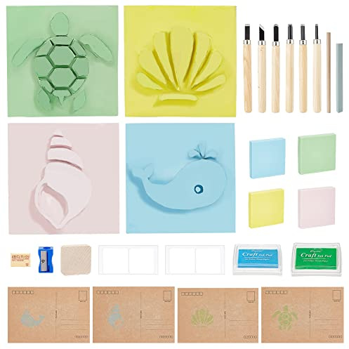 WEBEEDY 4 Set Rubber Stamp Carving Kit Block Printing Starter Tool Kit with Rubber Carving Blocks, Complete Carving Tools for Stamp Carving and Printmaking