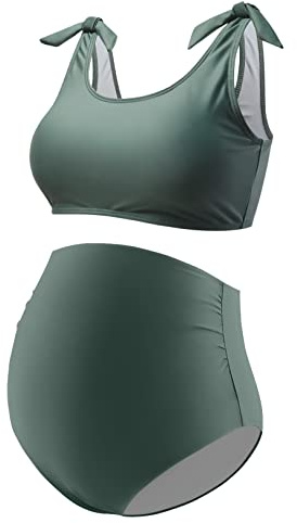GINKANA Maternity Bikini Set Two Pieces Pregnancy Bathing Suits Shoulder Straps High Waisted Summer Swimwear,Olive,M