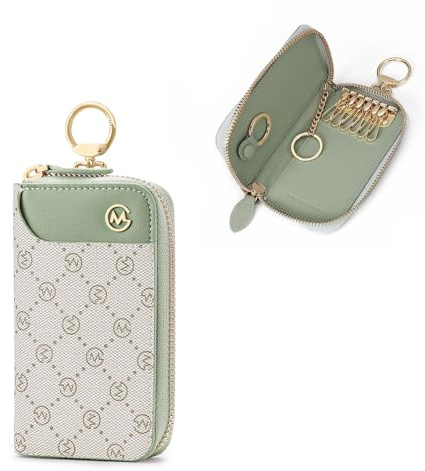 GOLF SUPAGS Women's PVC Leather Car Key Chain Wallet Pouch with 6 Hooks and 2 Card Slots (Bean Green x Ash Green, Large)