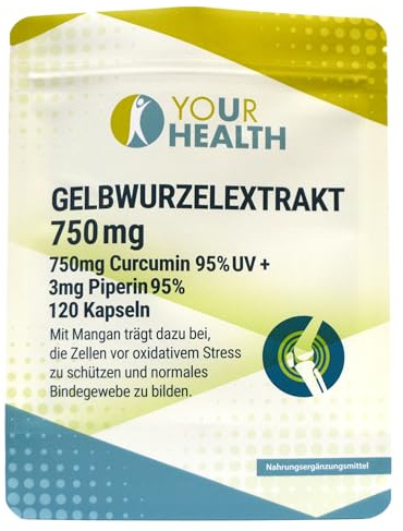 Extrait de racine jaune 750 mg ; 750 mg de curcumine 95 % UV + 3 mg de pipérine 95 % ; en capsules végétales ; avec manganèse