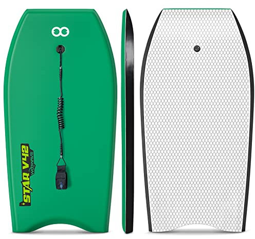 WOOWAVE Bodyboard 33-inch/37-inch/42-inch Premium IXPE Body Board with Coiled Wrist Leash, Super Lightweight EPS Core and HDPE Slick Bottom, Perfect Surfing for Kids Teens and Adults(37 inch, Green)