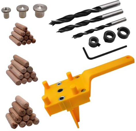 Buaak 41 Pcs Dowel Jig Kit, 6/8/10mm Wood Dowel Jig Kit, Metal Sleeve Handheld Drill Guide Bit Tools, Professional Dowelling Jig, Doweling Hole Saw Tools (Yellow)