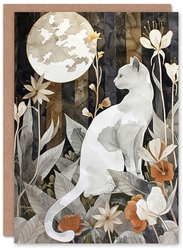 Artery8 Greeting Card Cat Lover Floral Forest Full Moon Watercolour Blank For Him Or Her Art Birthday Card