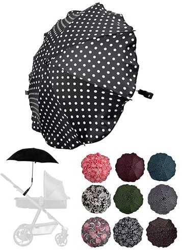 BambiniWelt by Rafael K. Sonnenschutz universal [Sonnenschirm für Kinderwagen] Buggy UV Schutz 50+ mit Universalhalterung biegsamer Schirm für Rund- und Ovalrohre verstellbar (schwarz-weiß Punkte)