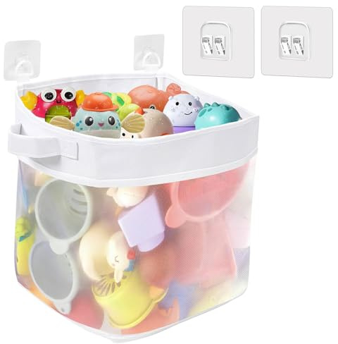 Badewannenspielzeug Aufbewahrung, Netz Badewannenspielzeug Aufbewahrungstasche mit 2 Selbstklebend Haken, Badespielzeug Hängeorganizer Badespielzeug Aufbewahrung und Sortierung