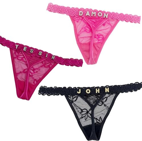 Lot de 3 strings personnalisés avec nom, string en dentelle personnalisé avec son nom dessus pour femme, culotte bikini avec strass et lettre nom, cadeaux pour femme, petite amie, Saint-Valentin