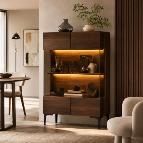 Vitrina de Madera Nogal 80cm con Iluminación LED – Armario Vitrina Push-to-Open, Puerta de Vidrio & 3 Estantes, 115cm de Alto – Aparador con Vitrina para Salón & Comedor, 80×115×38cm