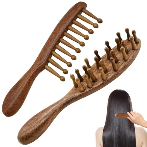 Lot de 2 brosses à dreadlocks en bois de santal doré à dents larges pour un massage du cuir chevelu, un démêlage doux et une poignée confortable pour soulager la fatigue.
