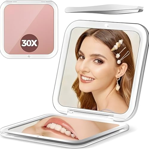 Espejo de Bolsillo, Espejo de Maquillaje de 30x/1xEspejo Compacto de Doble Cara, Plegable y PortáTil Espejo de Viaje para Bolso, Billetera, Viaje, PequeñO Espejo de Maquillaje, Regalo para NiñAs
