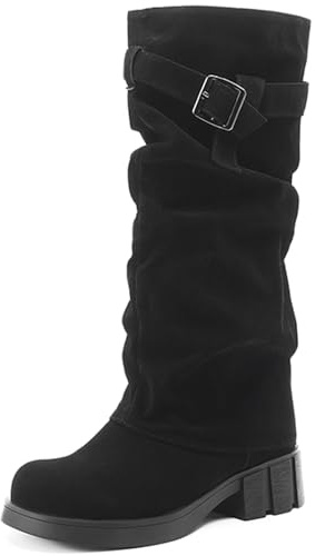 Diuniarza Femme Knee High Plates Chaussures Bottes Slouch Long Boot Bout Rond Rétro Bottes Longue Noir Taille 34 EU