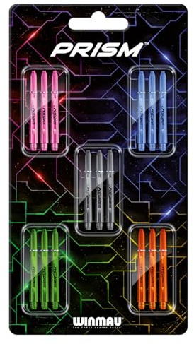 WINMAU - Prism 1.0 Dart-Schaftkollektion - Dartschäfte Multipack 5 Satz pro Packung (insgesamt 15 Stück) - Medium Dartschaft - Professionelles Dartzubehör - Enthält Rosa, Blau, Grau, Grün und Orange