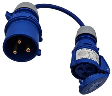 UK Made 32A Plug to 16A Blue CEE Socket Connector. HD 3x4mm2 Hookup Converter Cable 230V IP44