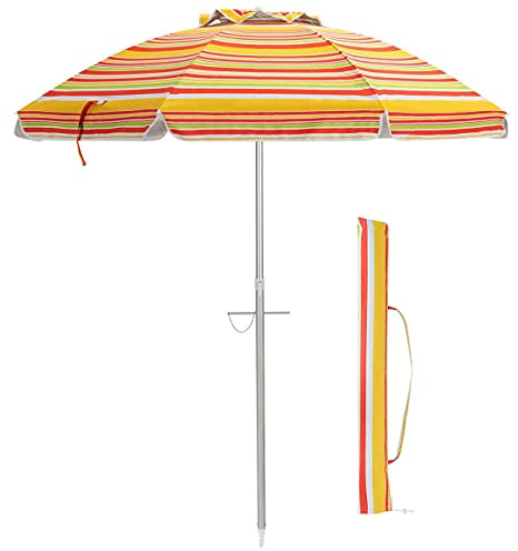 RELAX4LIFE Ombrellone da Spiaggia Antivento 2M, 8 Stecche Stabili e Palo Alluminio Centrale Inclinabile, Protezione Solare,No Base, Borsa di Trasporto, 182x182x213cm (Strisce arancioni)