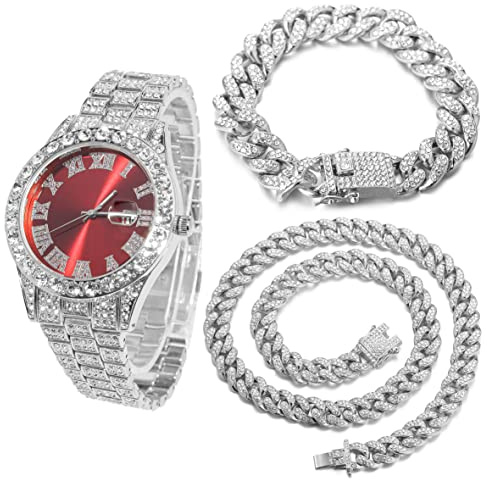 HALUKAKAH Diamant Montre en Or, Hommes Plaqué Or Blanc Platine 42MM Large Rouge Cadran Quartz Bracelet 24cm avec Lien Cubain Chaîne 20+45cm Collier Bracelet Set, avec Boite Cadeau