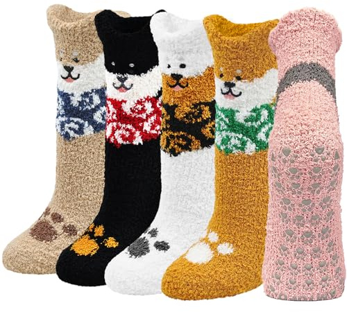 ZAKASA Calze Antiscivolo Invernali Donna: Calzini Pile da Pantofole Calzini Pelosi da Casa Donna Divertenti Calze Caldi Corallo Morbidi Animali Regalo Natale Taglia 35-41 Cane 5 Paia