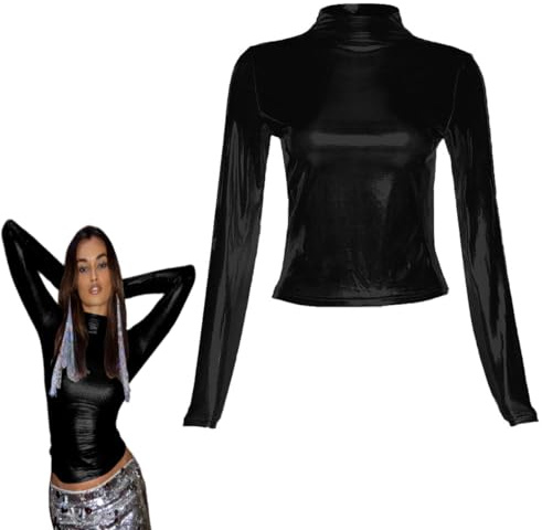 Women's Long Sleeve Shiny Tops, Metallic Liquid Mock Neck Turtleneck Tops, Slim Fit Casual Pullovers Tunic for Clubwear, Solid Leather Look Tee Top Blouse, Sexy Party Tank Tops Dance Club T-Shirt