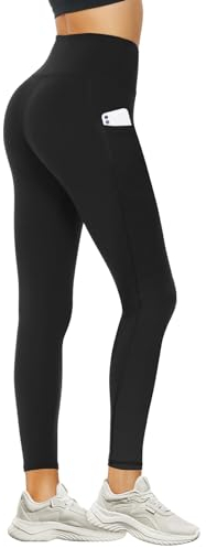 DDOBB Leggings Damen High Waist Sportleggins Lang Schwarz Leggins Blickdicht Bauchweg Sporthose Elastisch Yogahose Gym Festival Outfit(#02-Schwarz-mit Tasche, (DE34-40)=S-M)