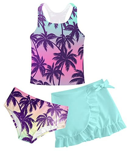 ALISISTER Girls Swimsuit 3 Piece Bathing Suit Quick Dry Tankini Set with Cover Up Beach Skirt Bikini Swimwear 6-13 Years