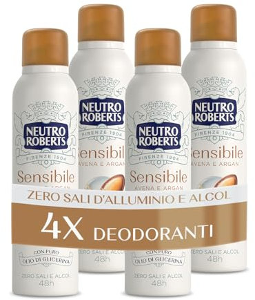 Neutro Roberts, Deodorante Spray Pelle Sensibile con Avena Lenitiva e Argan, Zero Sali di Alluminio, Zero Alcol, con Puro Olio di Glicerina, Dermatologicamente testato, 48h - 4 Pezzi da 150 ml