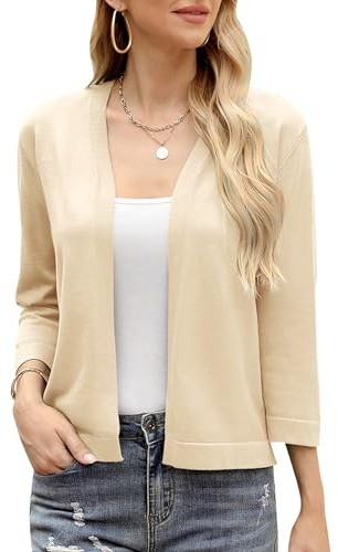 Aottori Cárdigan Mujer 3/4 Manga Bolero Cardigan Chaqueta de Punto Ligero Elegante Frente Abierto Casual Sólido Básico Abrigo Top Albaricoque L