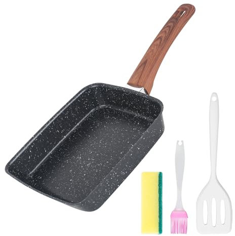 DMJJSD® Tamagoyaki - Sartén de inducción para huevos japonesa, con espátula de silicona, cepillo, esponja, revestimiento antiadherente, para todo tipo de cocinas, horno 19 x 16 cm