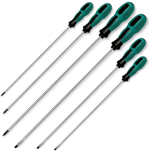 WAIZHIUA Juego de 6 destornilladores extralargos de largo alcance, destornillador magnético resistente con 3 destornilladores planos y 3 de cabeza cruzada, ergonómicas, herramientas de mano