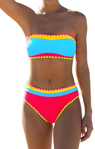 popvil Women's Strapless Bikini Sets Neon Color Block Bandeau Swimsuits Two Piece Bathing Suits for Beach Vacation 2025, Blue, S