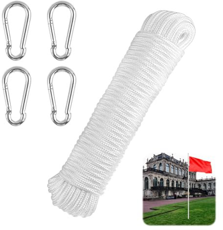20m Corde Nylon Corde Pour Mât de Drapeau, 6mm D'épaisseur pour L'extérieur Corde Escalade avec 4 Crochets, Résistant aux Intempéries Utilisé pour Camping, Bateau à Voile, Jardin, Balançoire et Hamac