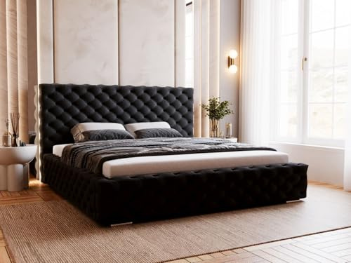 GRAINGOLD Astra Bett 200x200, Polsterbett mit Bettkasten, Polsterbett mit Stauraum, Samt, mit Lattenrost, mit Kopfteil, ohne Matratze (Schwarz, 200x200)