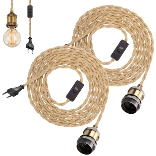 2 pièces Douille De Lampe E27 4.6 m, Suspendue Lustre Corde, E27 Interrupteur, Fil Electrique Lustre Corde De Chanvre Câble Vintage Pour Maison, Chambre, Bar