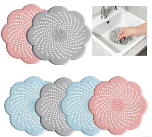 ASOUUNLD 6 Piezas Coladores de Drenaje de Silicona, Silicona Protector de Drenaje Silicona Atrapa Pelos Ducha con Ventosa Tapa de Drenaje de con Ventosas para Fregadero, Cocina, Baño y Lavabo